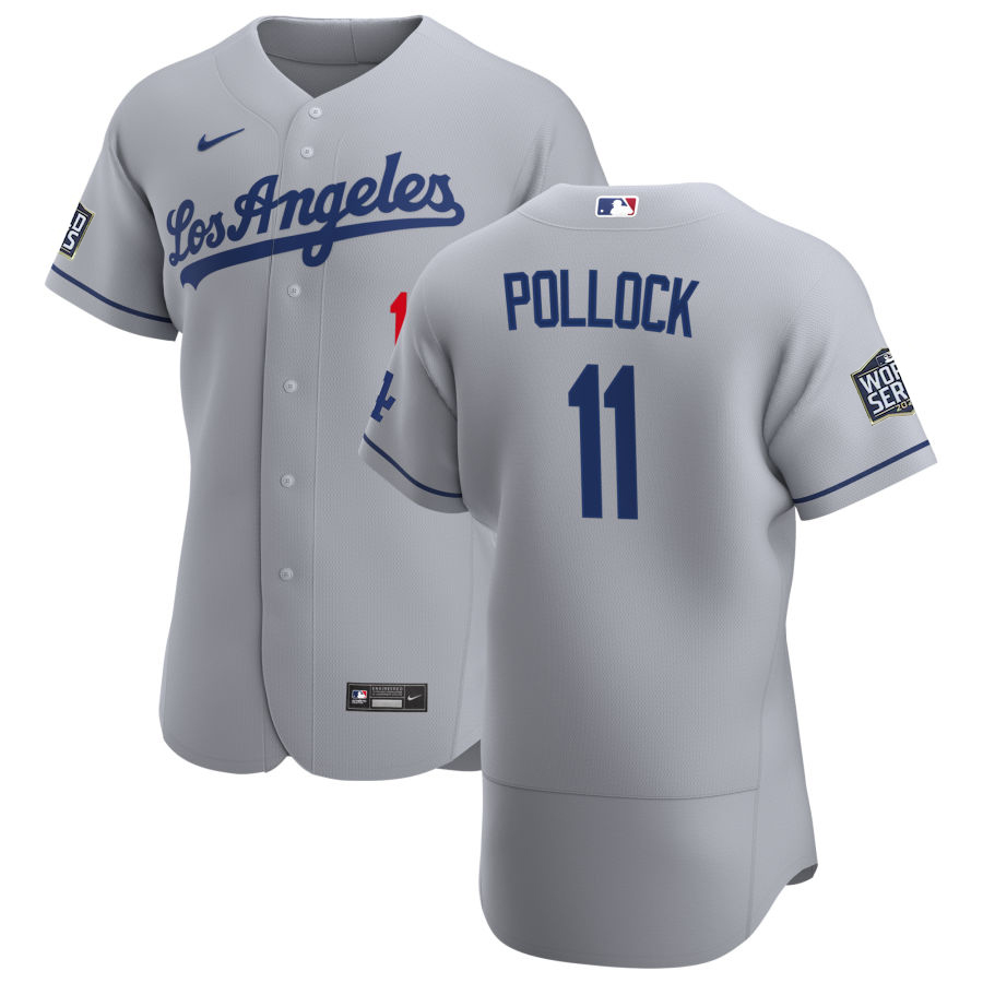 Los Angeles Dodgers 11 AJ Pollock Men Nike Gray Road 2020 World Series Champions Authentic Team MLB Jersey